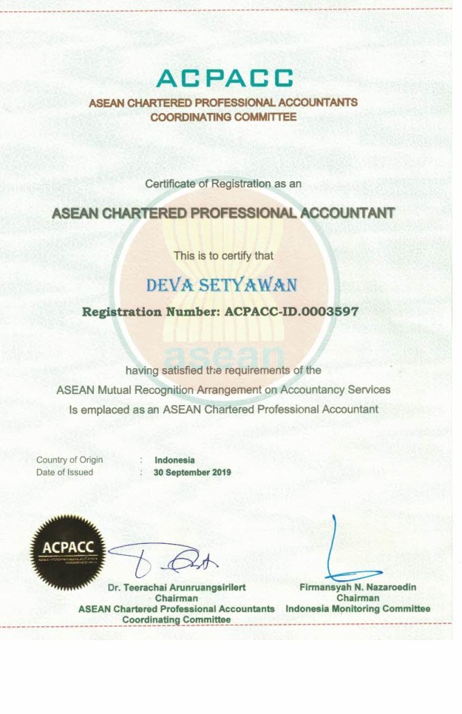 ASEAN Chartered Profesional Accountant (ASEAN CPA) Deva Setyawan SE, AK, CA, ASEAN CPA.